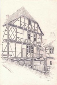 Schiefes Haus mit Heidemühlgraben in Wernigerode, von Richard Schmidt, 1914