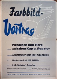 Plakat/Kultur, Farbbildvortrag "Menschen und Tiere...", DDR, Weißenfels 1957