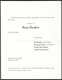 Trauerbrief zum Tod von Hans Dunker