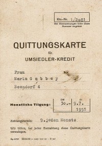 Quittungskarte für Umsiedler-Kredit von Maria Gabbey, Beendorf (1952)